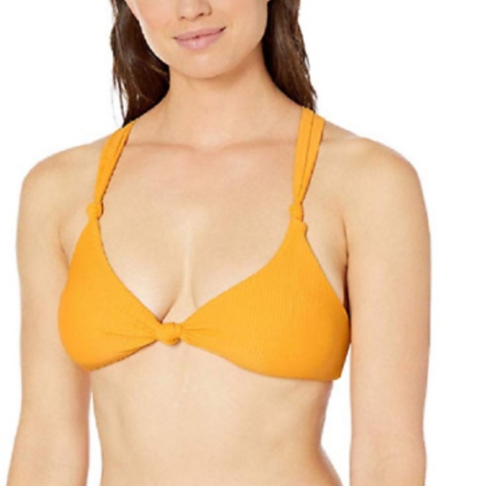 Bar III Yellow Like It Or Knot Ribbed Strappy Triangle Bikini Top Tie Back NEW